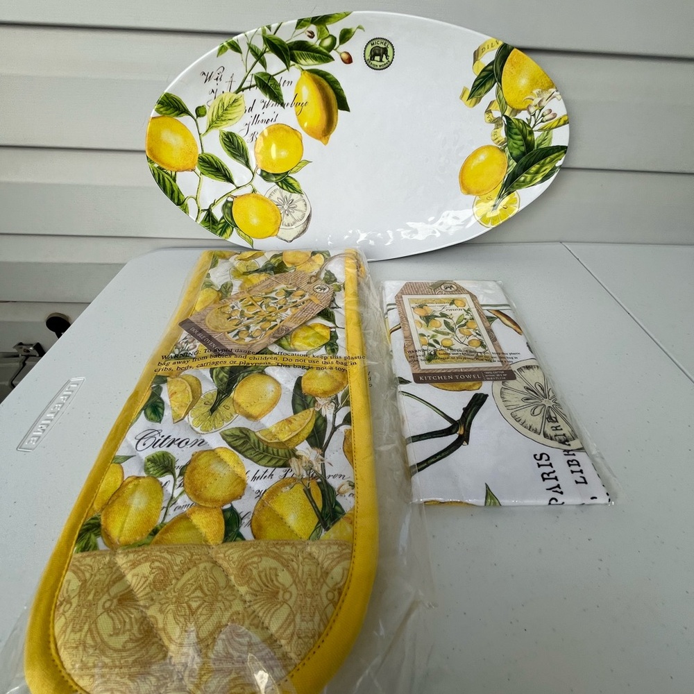 NEW 🍋 Michel Design Works Lemon Basil Platter, Kitchen Towel, Double Oven Glove